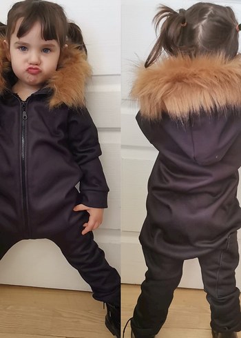 3 Yaş Beden Kürklü Kapüşonlu Siyah Leopar Desenli Bebek Tulumu