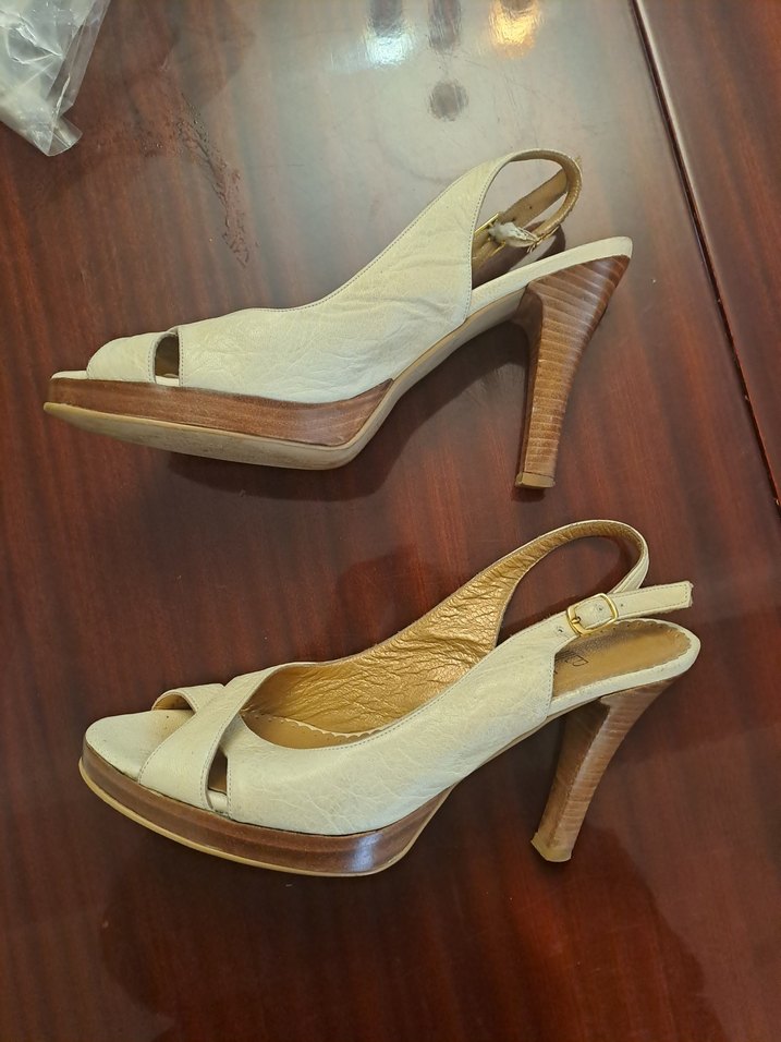 Bej Kadın Dolgu Topuklu Vintage deri Sandalet ayakkabı - Görsel 2