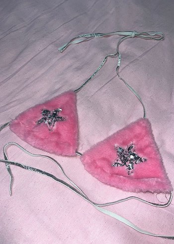 Pembe Kürklü Nakışlı Bikini Üstü - Görsel 3