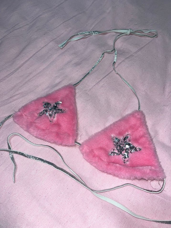 Pembe Kürklü Nakışlı Bikini Üstü - Görsel 3