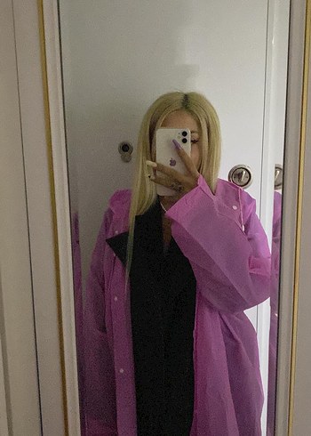 Pembe Kapüşonlu Uzun Kadın Yağmurluk - Görsel 7