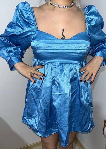 Mavi Mini Drapeli Saten Elbise - Görsel 2