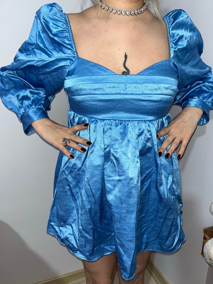 Mavi Mini Drapeli Saten Elbise - Görsel 2