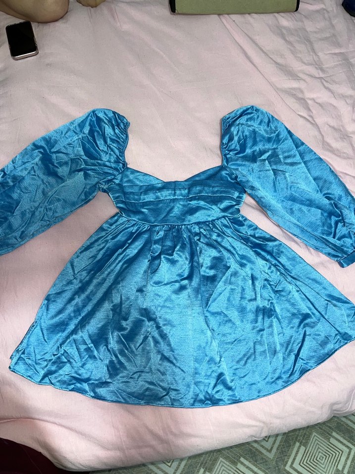 Mavi Mini Drapeli Saten Elbise - Görsel 3