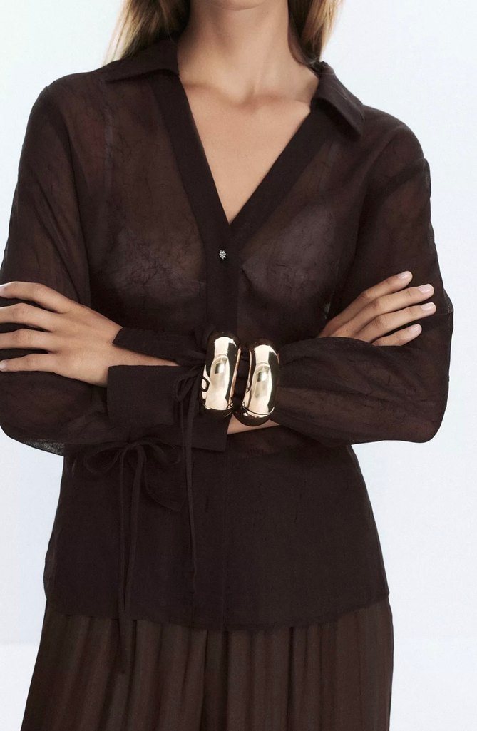 Zara Kahverengi Transparan Kadın Gömlek - Görsel 5