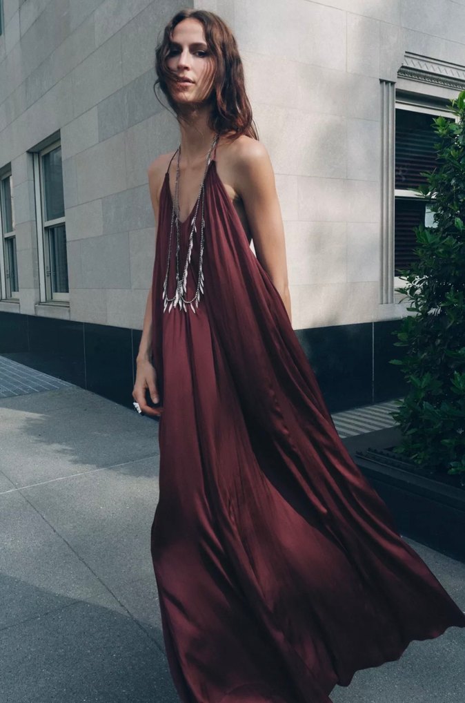 Zara Uzun Saten Yüzeyli ZW Collection Elbise - Görsel 5