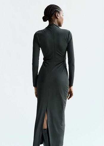 Zara drape detaylı midi elbise koyu yeşil - Görsel 5