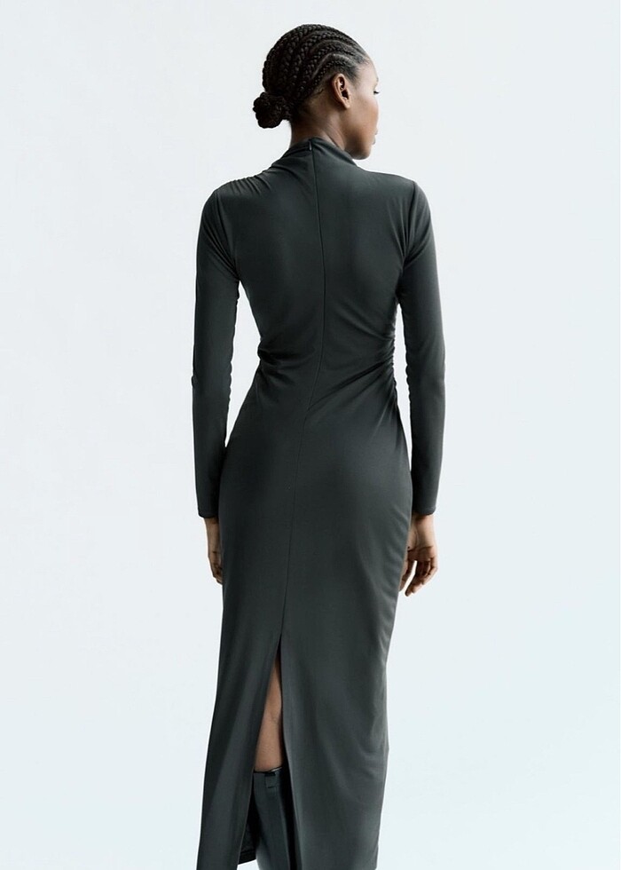 Zara drape detaylı midi elbise koyu yeşil - Görsel 5