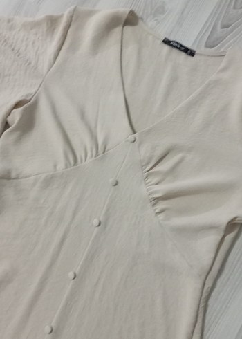 Düğmeli V Yaka Bej Uzun Keten Elbise - Görsel 6