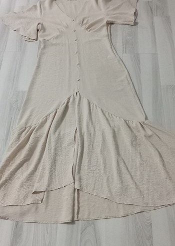 Düğmeli V Yaka Bej Uzun Keten Elbise - Görsel 2