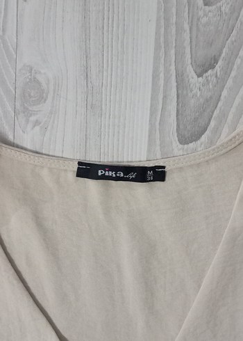 Düğmeli V Yaka Bej Uzun Keten Elbise - Görsel 4