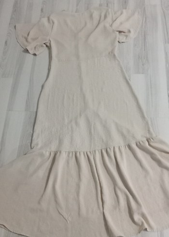 Düğmeli V Yaka Bej Uzun Keten Elbise - Görsel 8