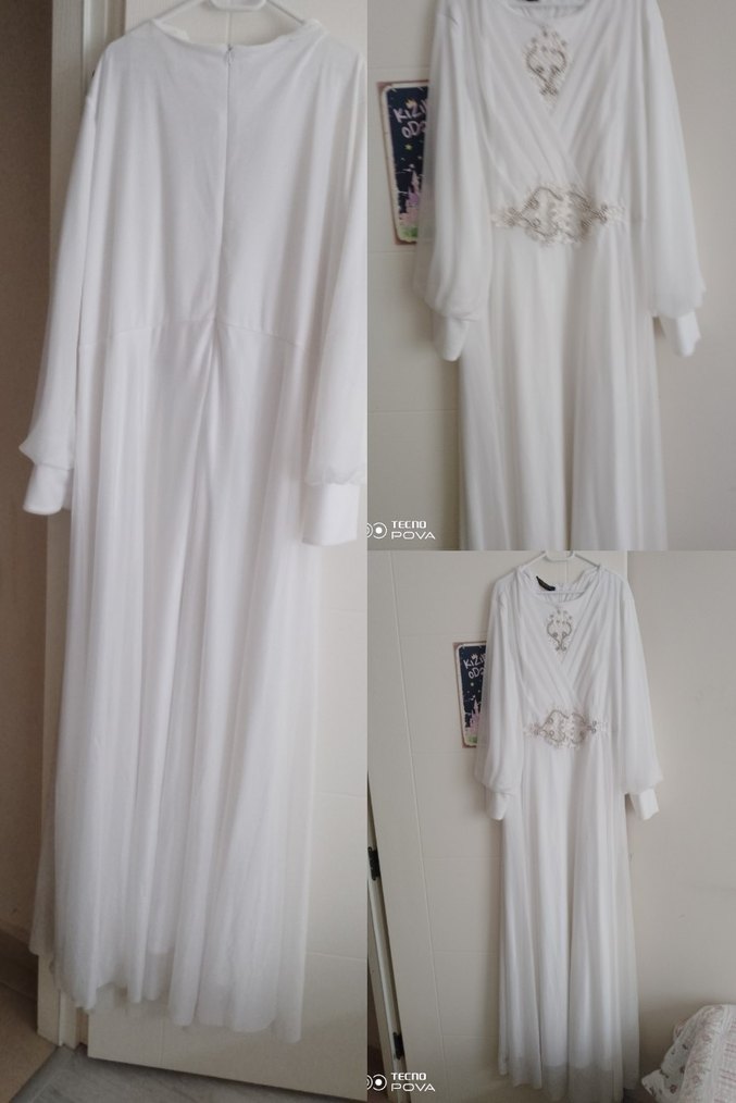 Beyaz Uzun Kollu Drape Detaylı Abiye Elbise - Görsel 2