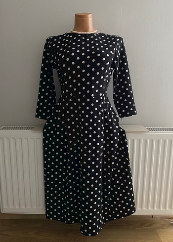 Vintage Love Vintage Puantiyeli Siyah Midi Elbise
