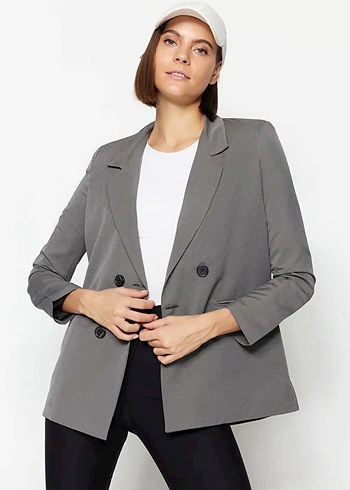 Gri Regular Fit Düğmeli Kadın Blazer Ceket