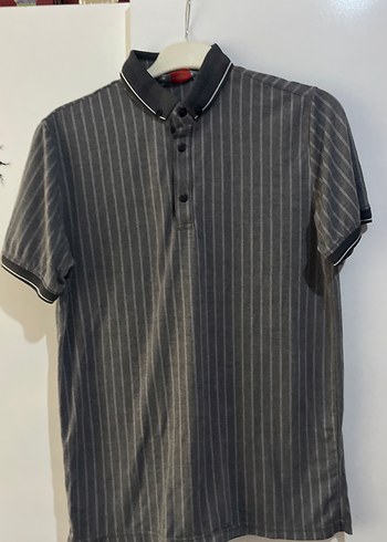 Düğmeli Gri Çizgili Erkek Polo Tişört - Görsel 2