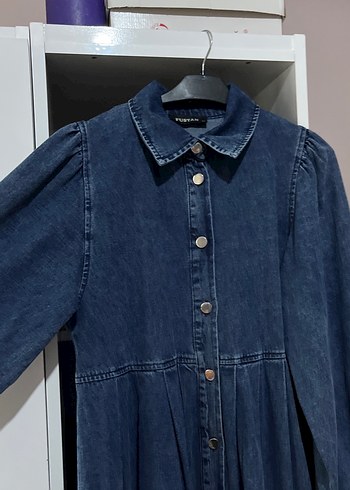 Düğmeli Lacivert Uzun Denim Elbise - Görsel 3