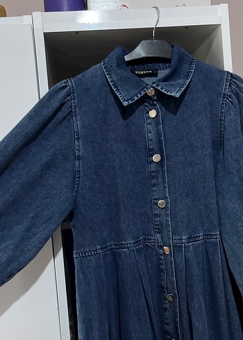 Düğmeli Lacivert Uzun Denim Elbise - Görsel 4
