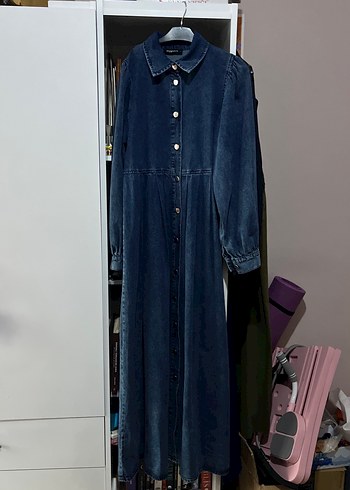 Düğmeli Lacivert Uzun Denim Elbise - Görsel 2