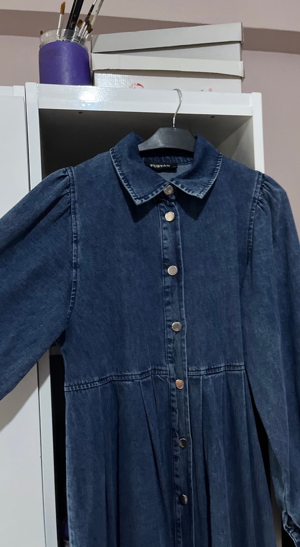 Düğmeli Lacivert Uzun Denim Elbise - Görsel 3