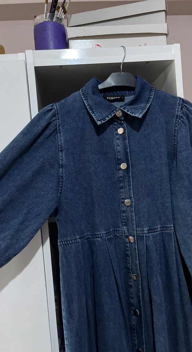 Düğmeli Lacivert Uzun Denim Elbise - Görsel 4