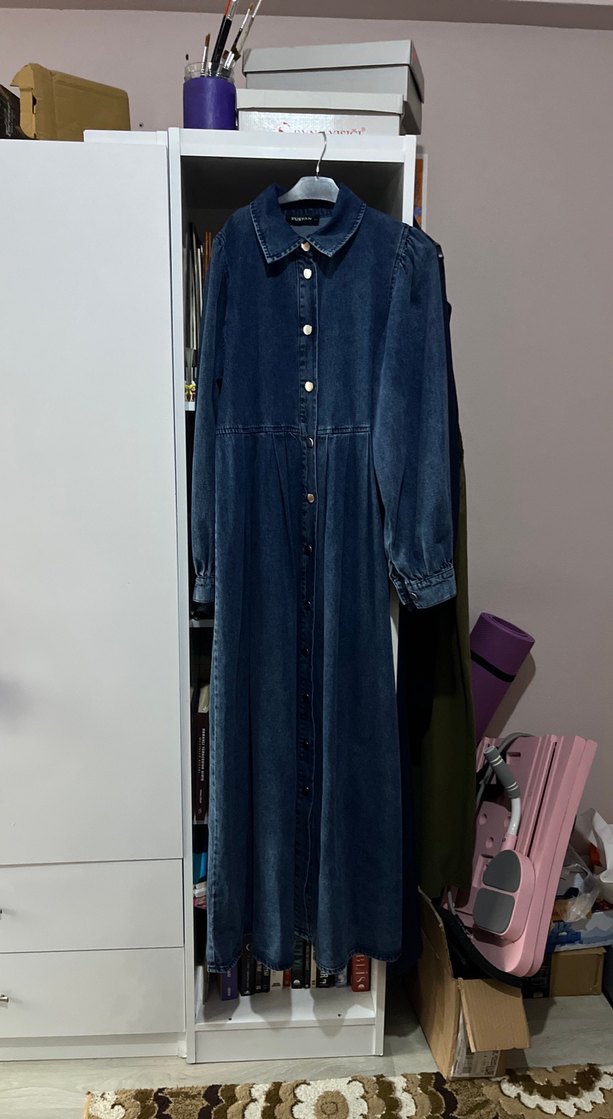 Düğmeli Lacivert Uzun Denim Elbise - Görsel 2