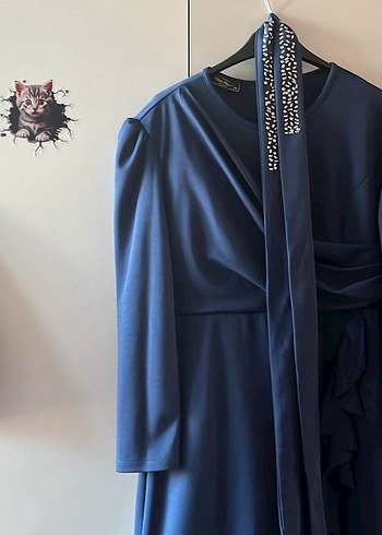 Uzun Kollu Drapeli Mavi Abiye Elbise - Görsel 4