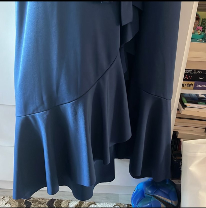 Uzun Kollu Drapeli Mavi Abiye Elbise - Görsel 3