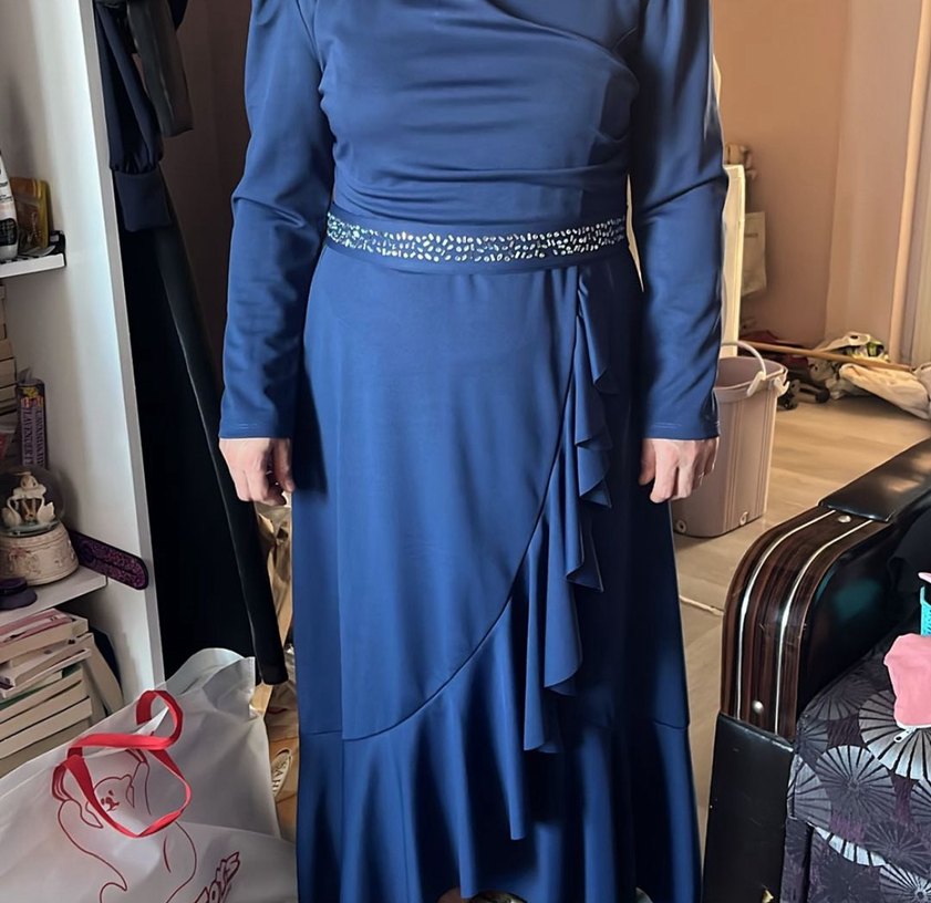 Uzun Kollu Drapeli Mavi Abiye Elbise - Görsel 2