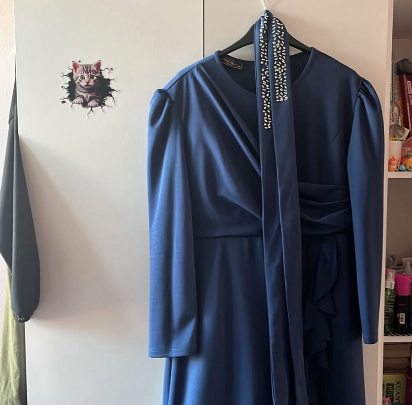 Uzun Kollu Drapeli Mavi Abiye Elbise - Görsel 4