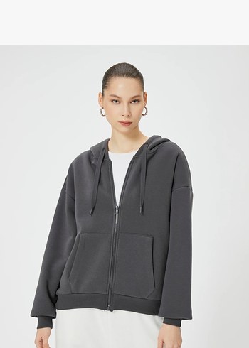 Gri Kadın Kapüşonlu Rahat Eşofman Üstü - Görsel 2