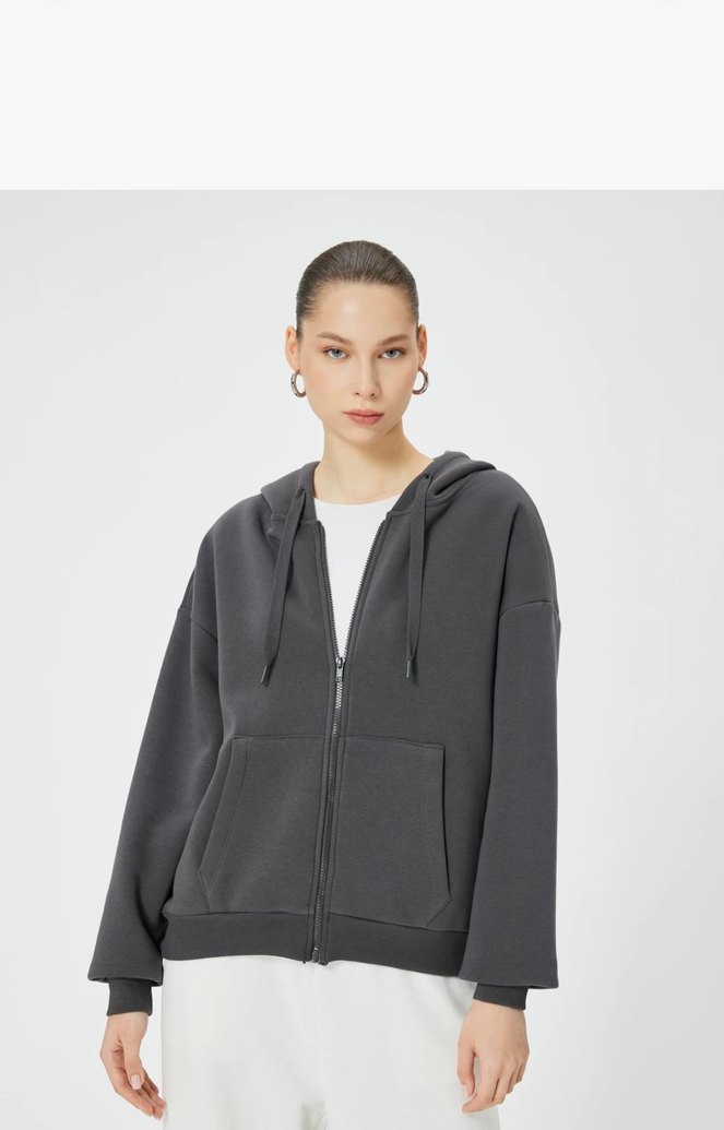 Gri Kadın Kapüşonlu Rahat Eşofman Üstü - Görsel 2