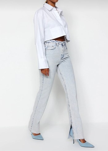 Düğmeli Beyaz Gri Tie-Dye Kadın Denim Pantolon - Görsel 3