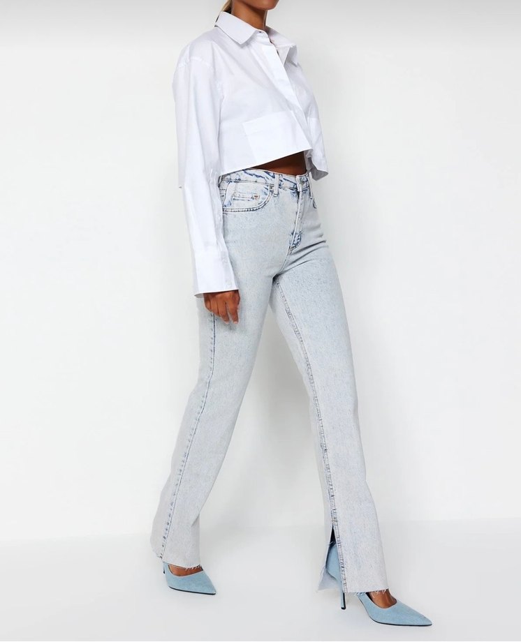 Düğmeli Beyaz Gri Tie-Dye Kadın Denim Pantolon - Görsel 3