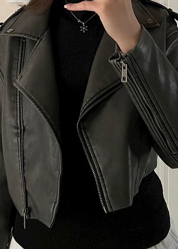 Defacto Kadın Deri Biker Ceket, Kemerli, Gri