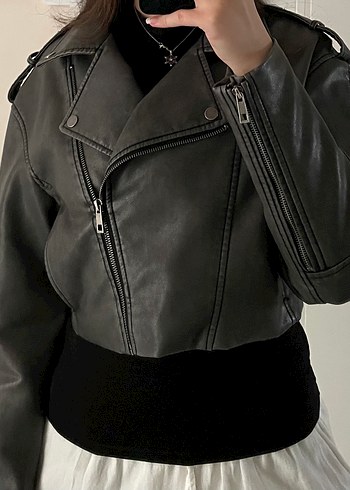 Kadın Deri Biker Ceket, Kemerli, Gri