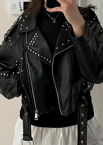 Diğer Kadın Siyah Deri Zımbalı Biker Ceket