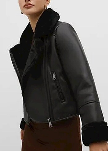 Stradivarius Kürklü Siyah Deri mont