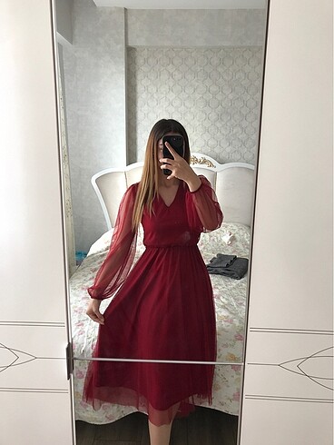 Diğer Bordo tül V yaka elbise