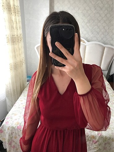 m Beden Bordo tül V yaka elbise