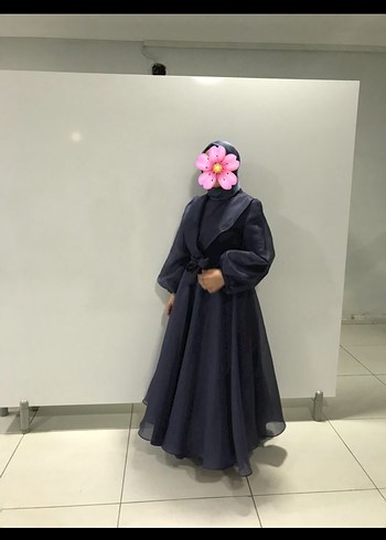 Uzun lacivert, Dökümlü Tesettür Abiye Elbise - Görsel 2