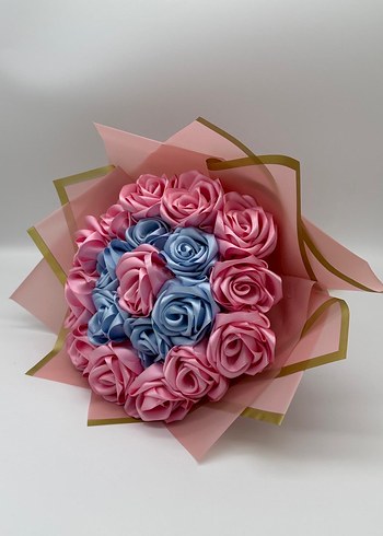 Pastel Pembe ve Mavi Gül Buketi kurdeleden - Görsel 3