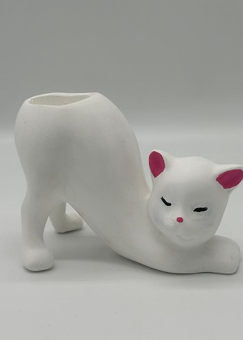 Beyaz Kedi Figürlü Dekoratif Vazo - Görsel 2