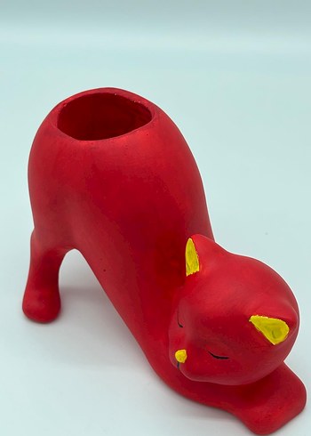 Kırmızı Kedi Figürlü Saksı mumluk vazo  - Görsel 2