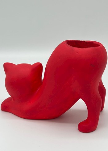 Kırmızı Kedi Figürlü Saksı mumluk vazo  - Görsel 3
