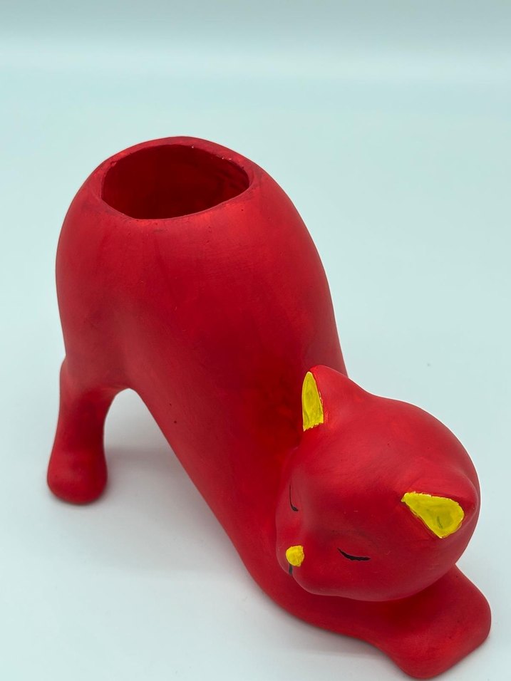Kırmızı Kedi Figürlü Saksı mumluk vazo  - Görsel 2