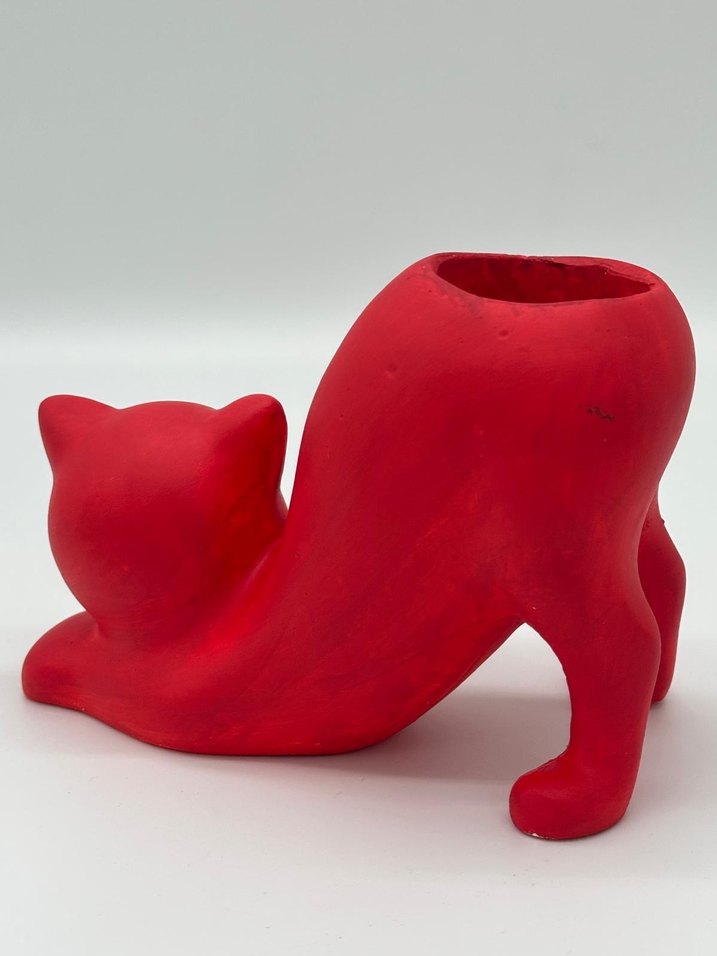 Kırmızı Kedi Figürlü Saksı mumluk vazo  - Görsel 3