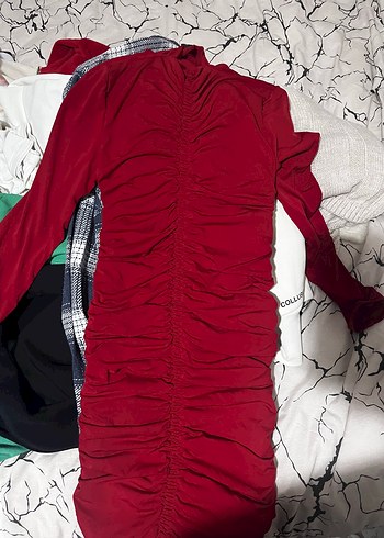 Kırmızı Uzun Kollu Drapeli Kadın Triko Elbise - Görsel 3