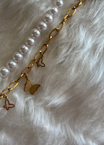 Zincir Kelebek Detaylı Beyaz İncili Çiftli Bileklik - Görsel 2