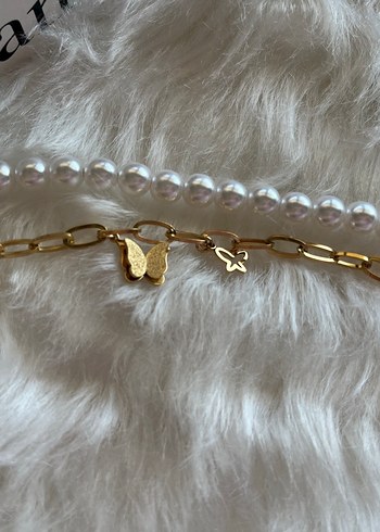 Zincir Kelebek Detaylı Beyaz İncili Çiftli Bileklik - Görsel 3